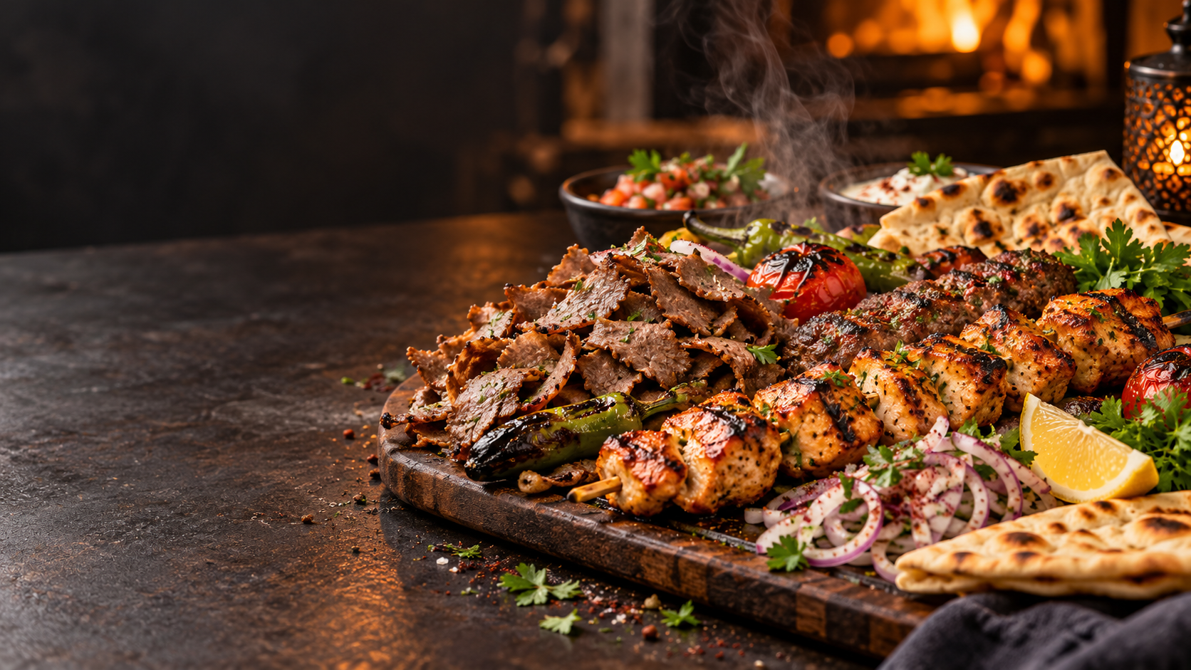 Grillplatte mit Fleisch, Gemüse und Fladenbrot
