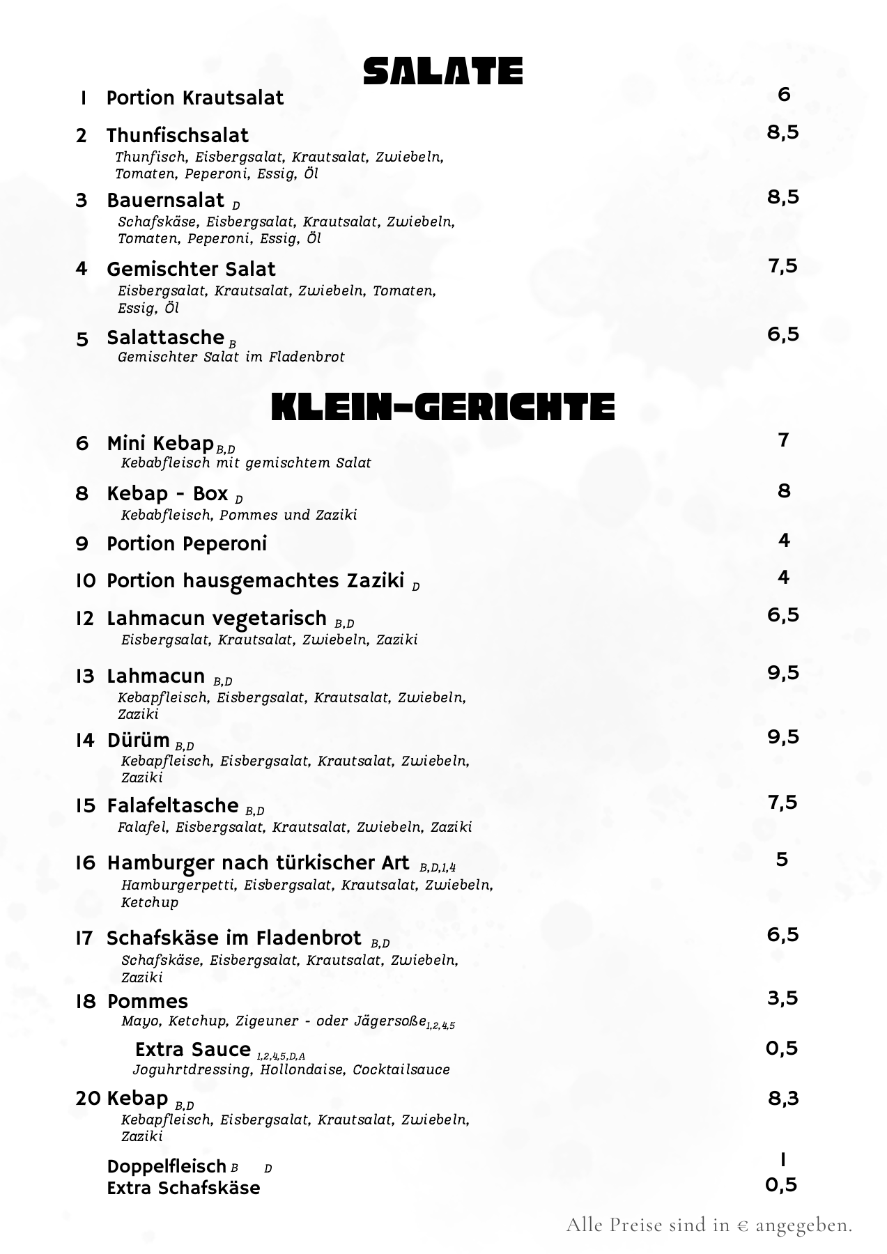 Original-Speisekarte, Seite 2: Salate, Döner & kleine Gerichte. Vollständige Texte und Preise in der verlinkten PDF.