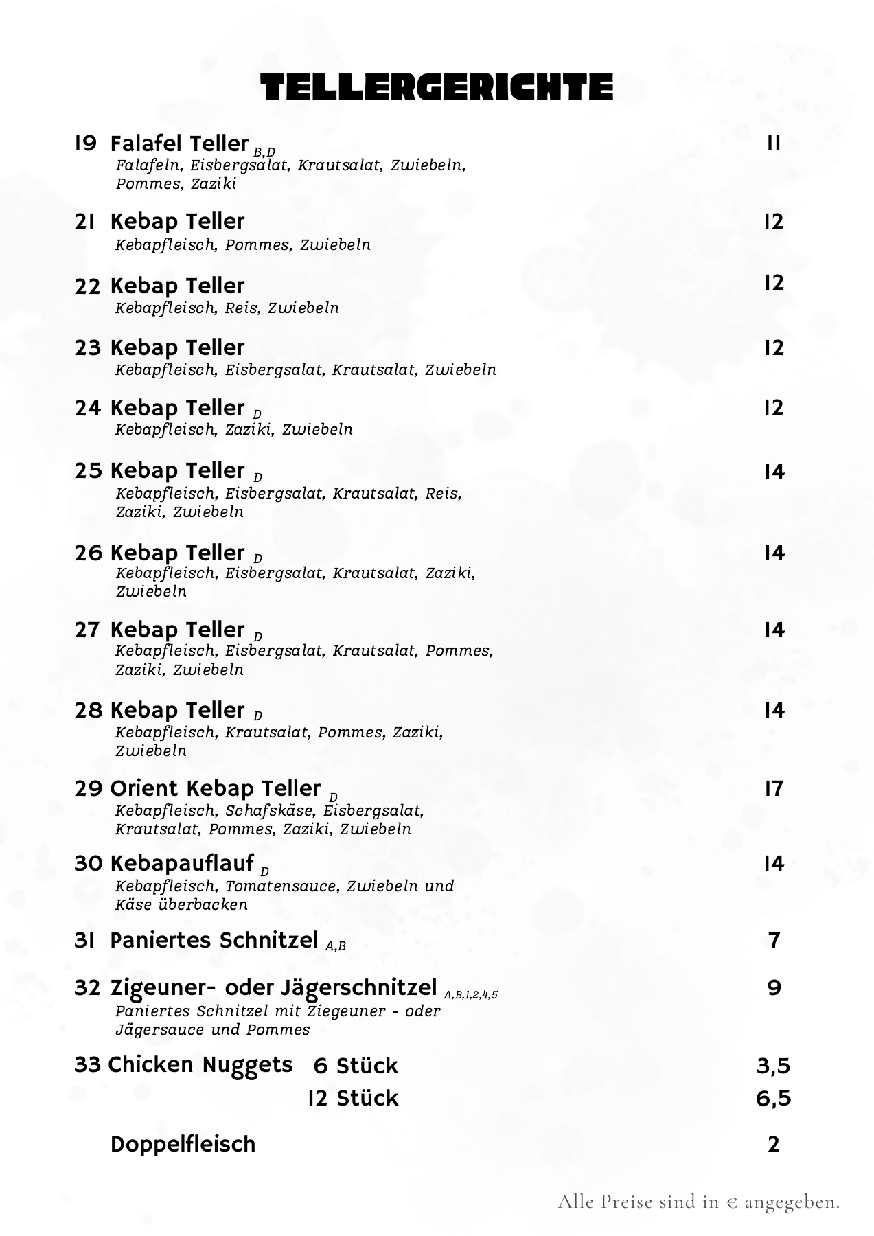 Original-Speisekarte, Seite 3: Tellergerichte. Vollständige Texte und Preise in der verlinkten PDF.