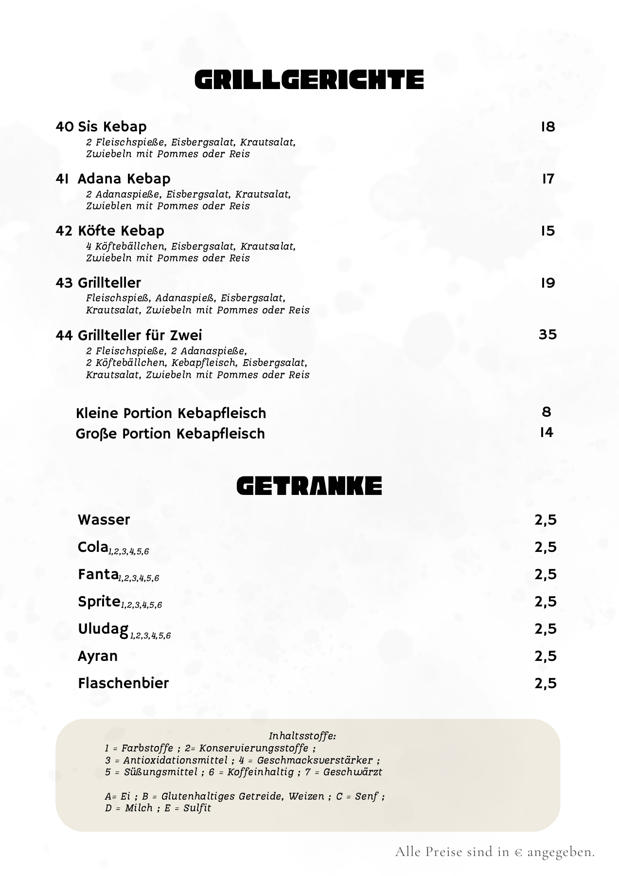 Original-Speisekarte, Seite 4: Grillgerichte, Getränke & Inhaltsstoffe. Vollständige Texte und Preise in der verlinkten PDF.