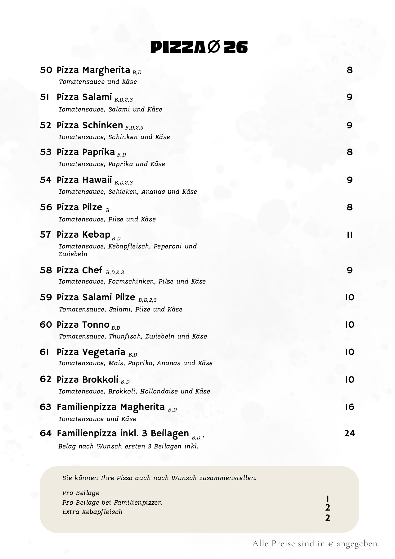 Original-Speisekarte, Seite 5: Pizza & Familienpizza. Vollständige Texte und Preise in der verlinkten PDF.